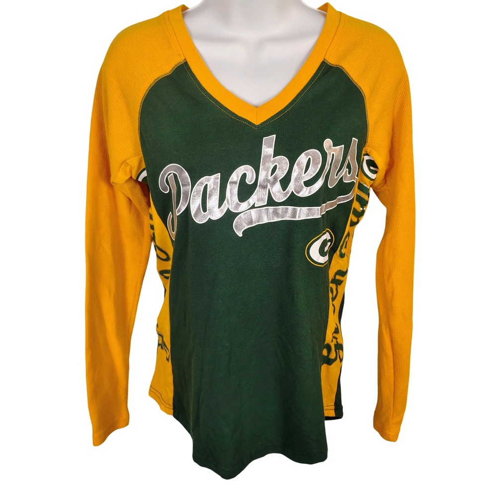 Hands High Green Bay Packers Womens XS V-Neck Long Sleeve Shirt Green Yellow NFL